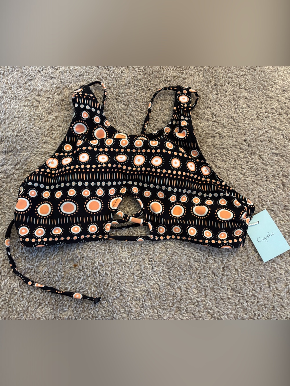 Cupshe Black Bikini Top with Peach Dot Print